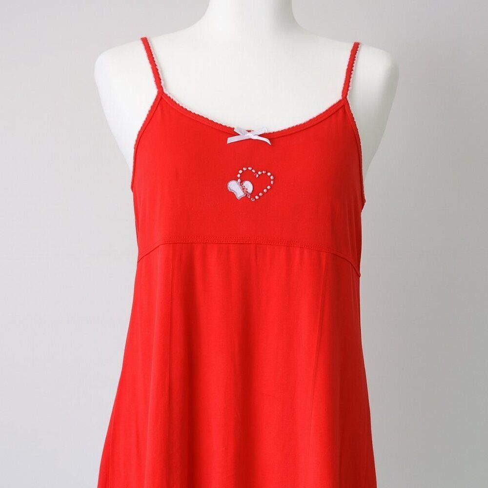 Vintage Secret Treasure Slip Dress Red Embroidered Hearts Size Medium 90s Y2K